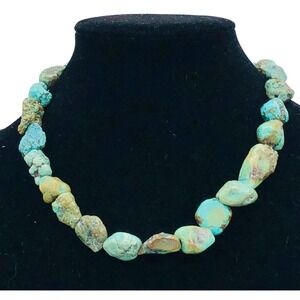 Sterling Silver 925 Green Nugget Turquoise Stones Beaded Necklace Southwest